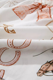 Cowboy Charm U-neck Midi Dress in white cotton blend with horseshoe and horse print.