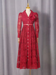 Red lace midi dress with button placket, collared neckline, and flower detail.