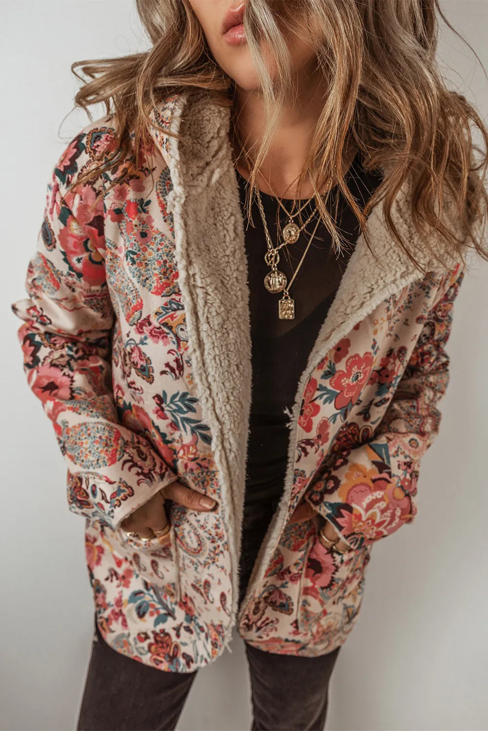 Floral paisley hooded jacket with sherpa lining and pockets