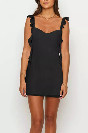Black sweetheart mini dress with ruffled straps and hem
