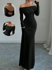 Black off-shoulder maxi dress with long sleeves and draped neckline, showing back cutout detail.