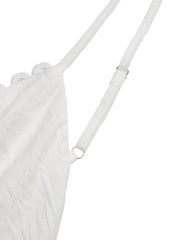 White lace tiered maxi dress with adjustable spaghetti straps and scalloped trim detail.