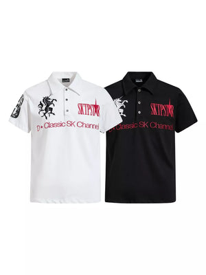 White and black cotton polos with embroidered mythical creatures and text details.
