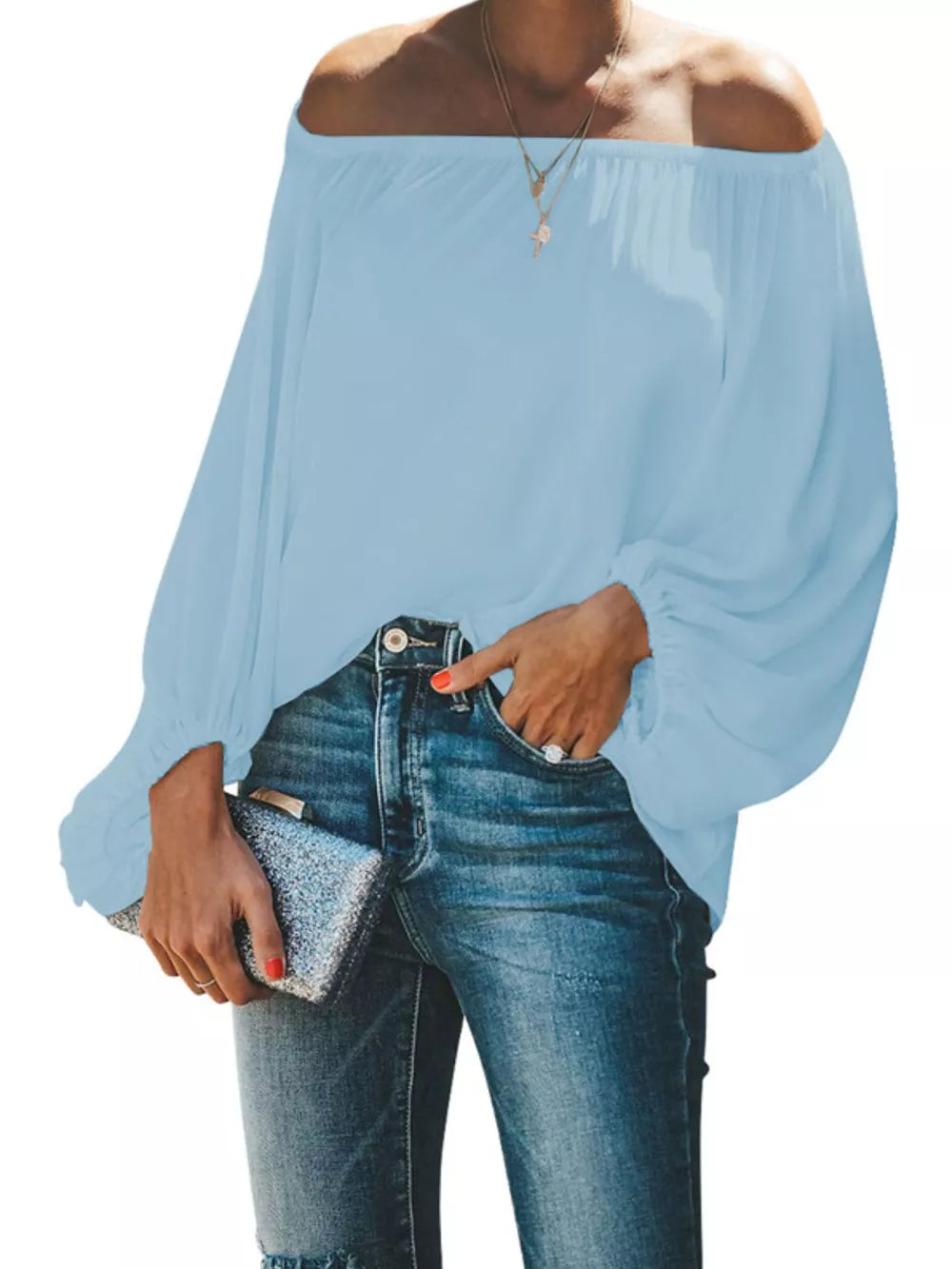 Sky blue off-shoulder blouse with balloon sleeves and elastic cuffs.