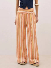 Striped Wide-leg Pants With Tie Waist in Blue, front view