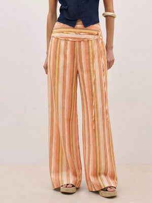 Striped Wide-leg Pants With Tie Waist in Blue, front view