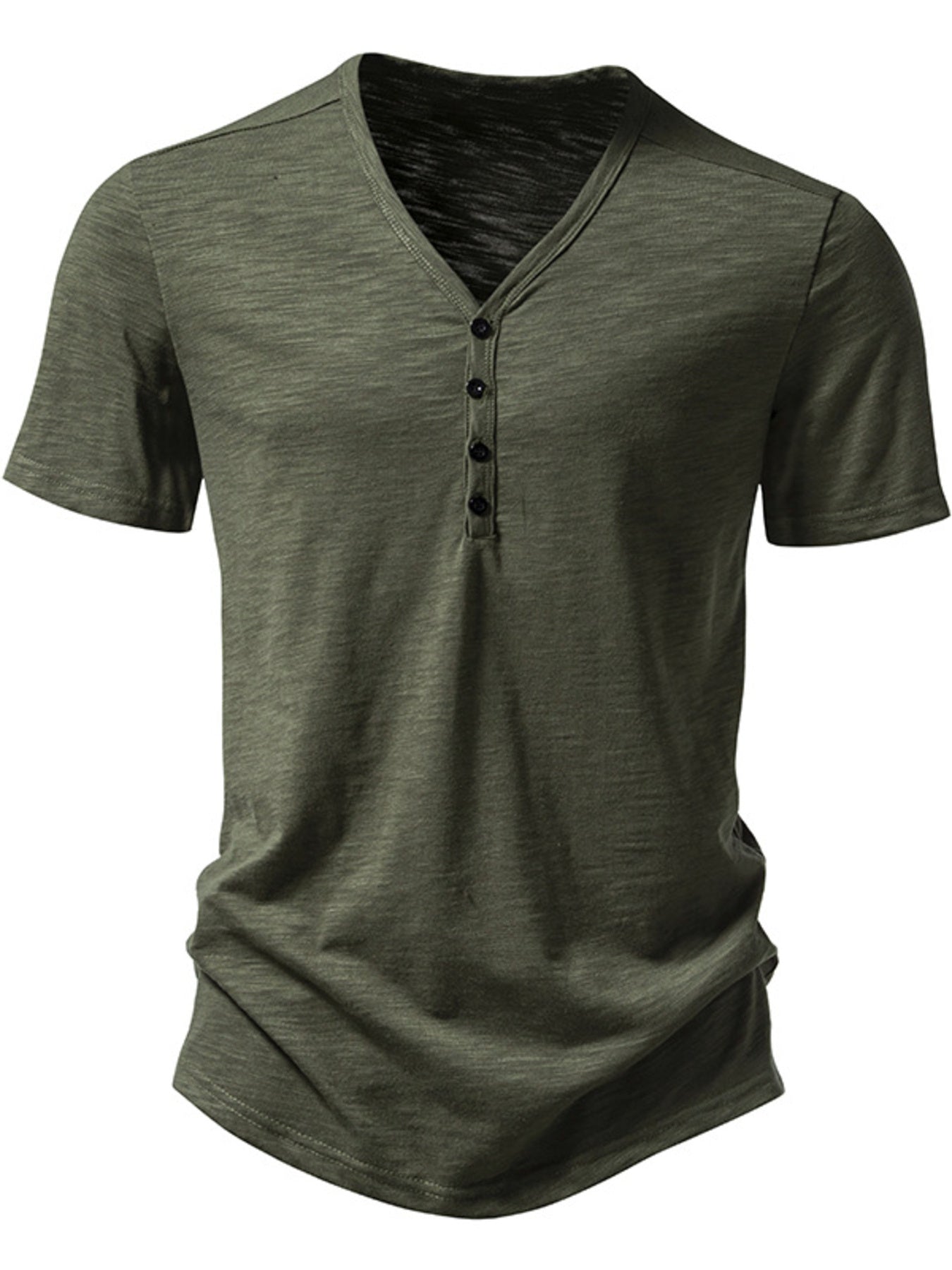Men's army green cotton blend casual t-shirt with button placket and curved hem