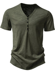 Men's army green cotton blend casual t-shirt with button placket and curved hem