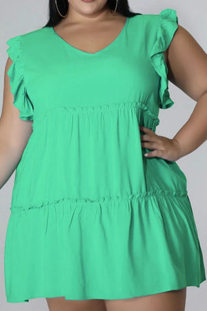 Mint green tiered ruffle babydoll mini dress with v-neck and flutter sleeves.