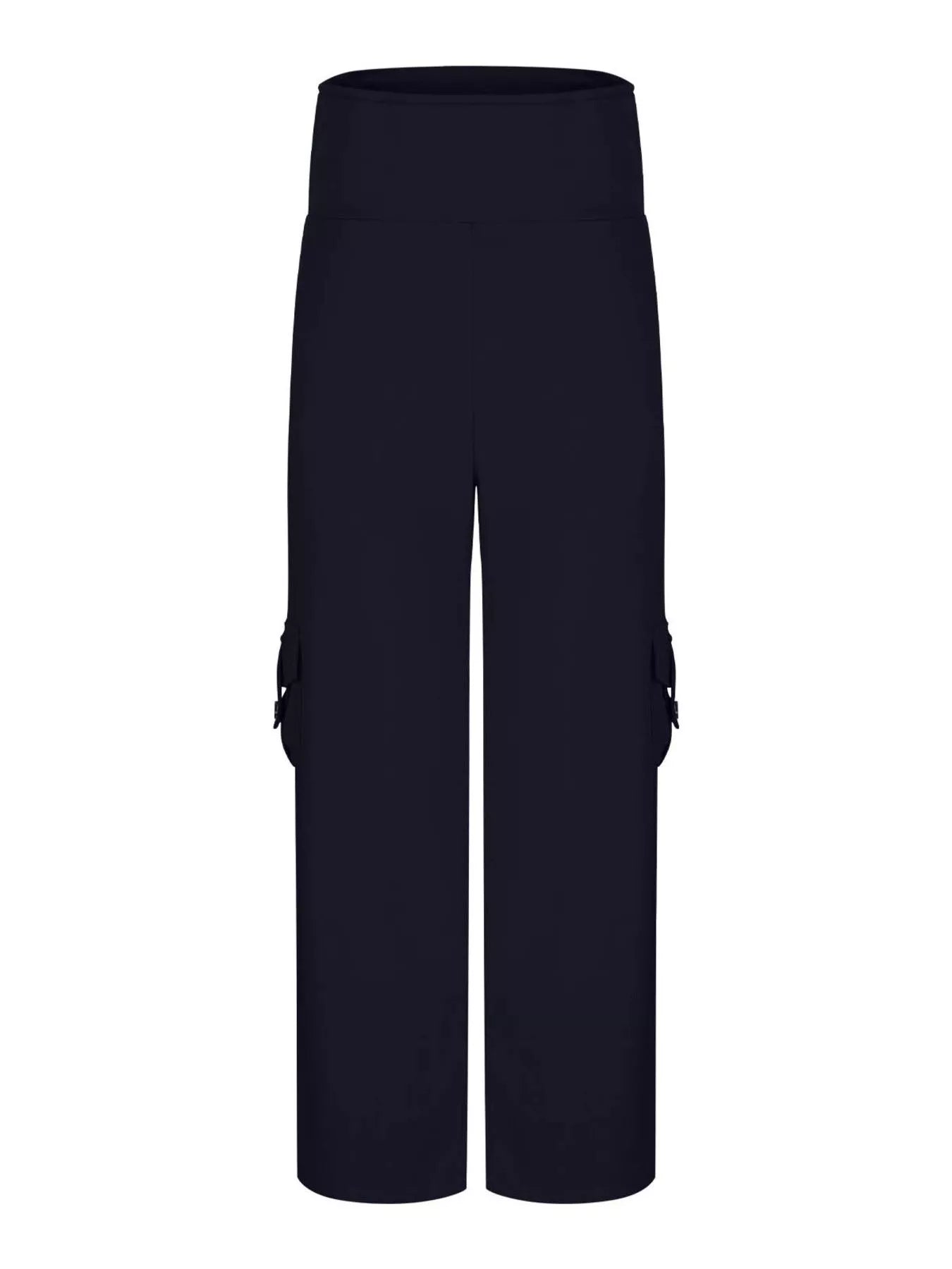Navy blue pocketed high-waisted yoga pants with a flared silhouette.