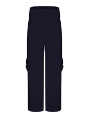 Navy blue pocketed high-waisted yoga pants with a flared silhouette.