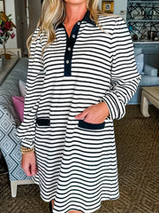 Striped collared long sleeve dress with pockets and button detail.