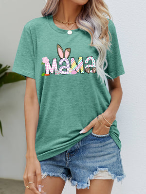 Green graphic t-shirt with Easter bunny ears and "Mama" text, short sleeves, crew neck