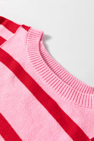Pink and red striped knit sweater with crew neck detail