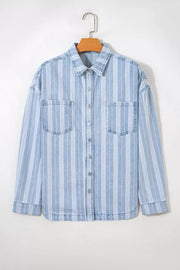 Relaxed blue and white striped denim shacket with two chest pockets and button-down front.