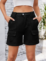 Black denim cargo shorts with high waist and utility pockets.