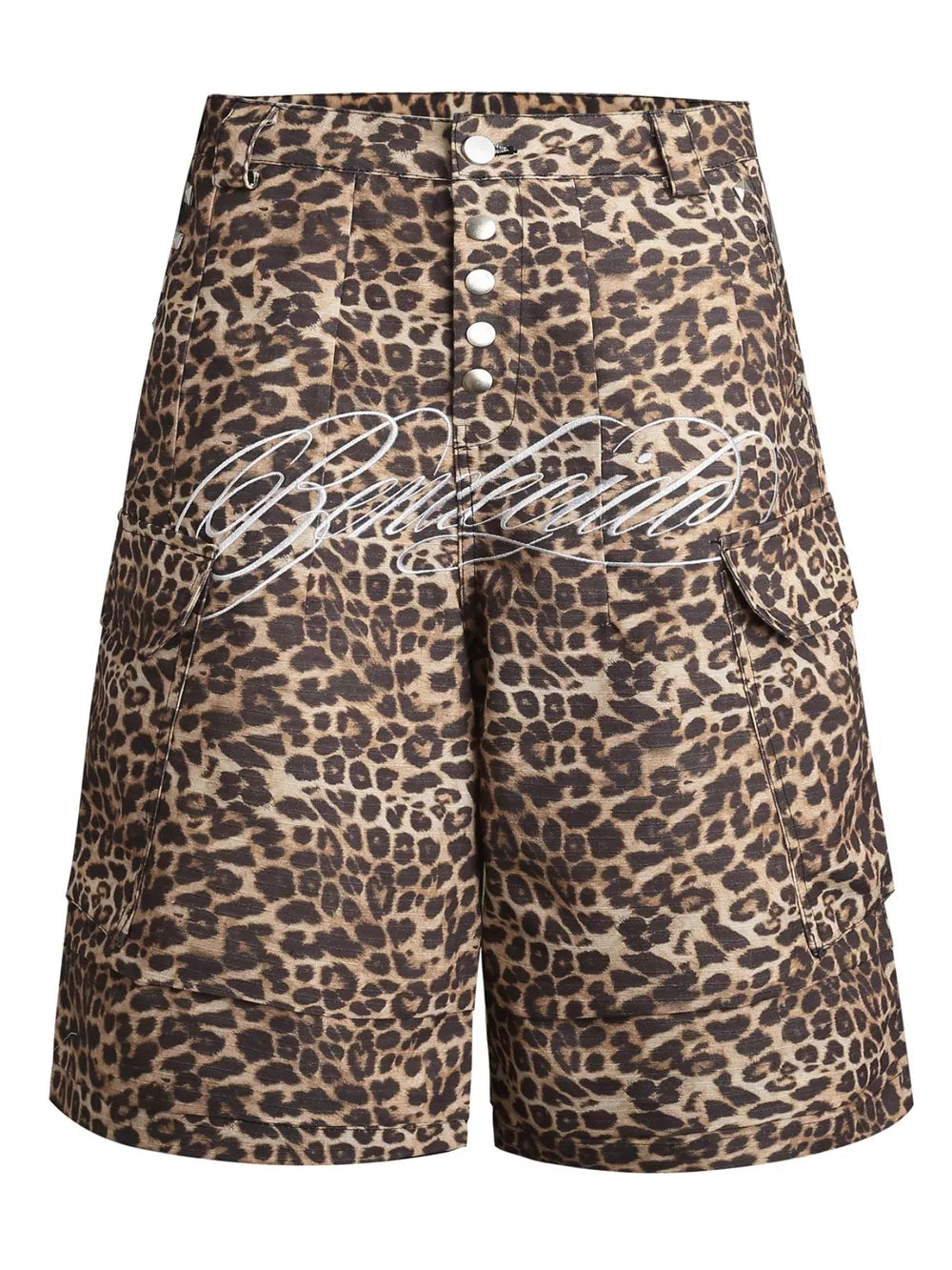Men's leopard print cargo sweatpants with white script logo and button fly.