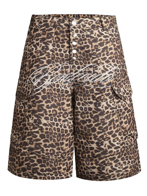 Men's leopard print cargo sweatpants with white script logo and button fly.