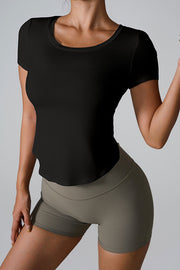 Black activewear t-shirt with short sleeves and a scoop neckline, featuring a subtle ribbed texture.