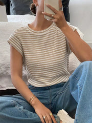 Full Size Striped Round Neck Short Sleeve T-shirt, front view