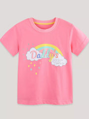 Pink t-shirt with rainbow, clouds, and "Daddy's Little Rainbow" graphic.