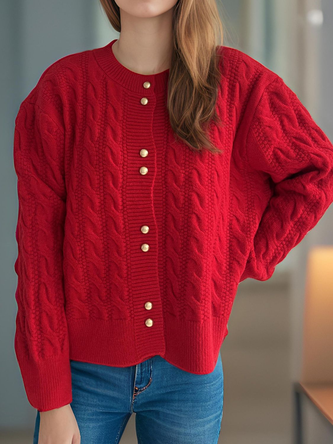 Deep Red cable knit puff sleeve cardigan with gold buttons