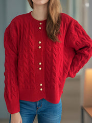 Deep Red cable knit puff sleeve cardigan with gold buttons