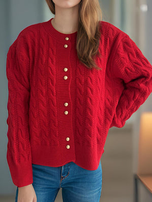 Deep Red cable knit puff sleeve cardigan with gold buttons
