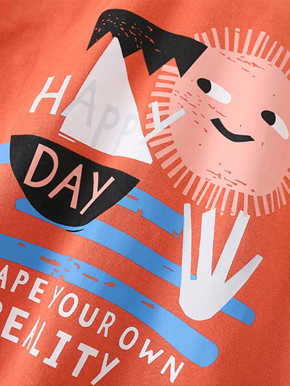 Coral cotton toddler t-shirt with "Happy Day" graphic and smiling sun.