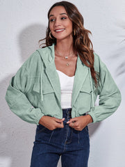Light green corduroy hooded jacket with zip front and chest pockets