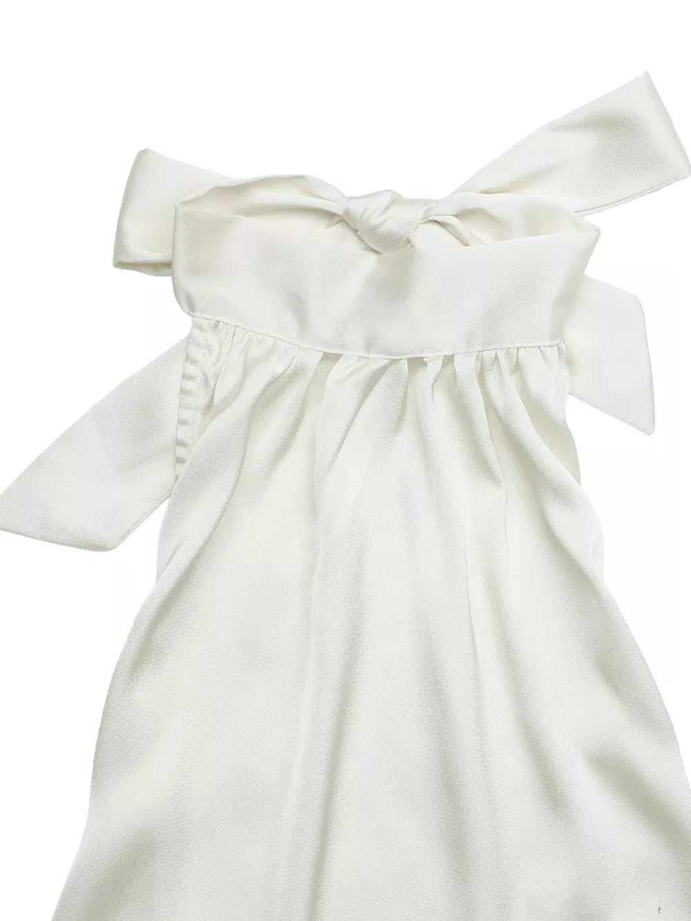 White satin tank top with gathered neckline and bow shoulder ties