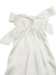 White satin tank top with gathered neckline and bow shoulder ties