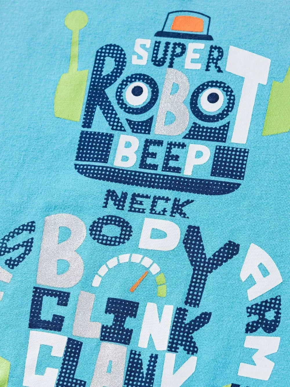 Baby blue cotton tee with playful robot graphic and text.