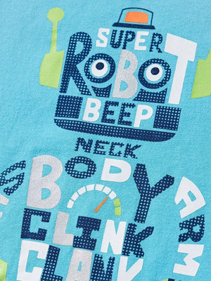 Baby blue cotton tee with playful robot graphic and text.