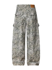 Leopard print cargo pants with utility pockets and button fly.