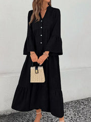 Black tiered ruffle hem v-neck midi dress with button front and bell sleeves.