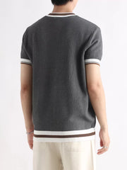 Textured ribbed crew neck t-shirt in silver gray with white and brown trim on sleeves and hem.