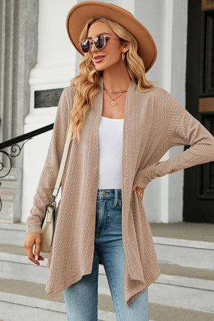 Tan textured knit cardigan with asymmetrical hem and open front.