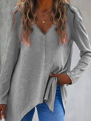 Dark Gray ribbed knit tunic top with V-neck and asymmetric hem