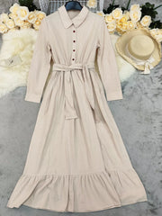Belted khaki maternity maxi dress with button front and ruffled hem