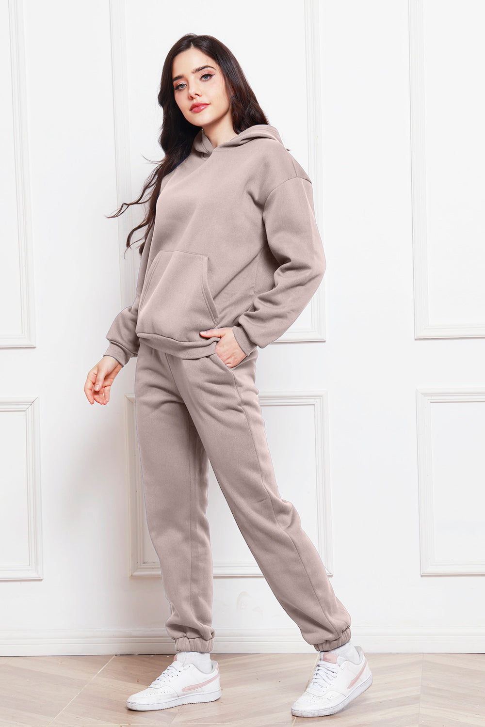 Mocha relaxed fit hoodie with front pocket and matching joggers.