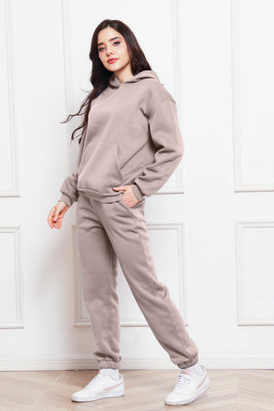 Mocha relaxed fit hoodie with front pocket and matching joggers.