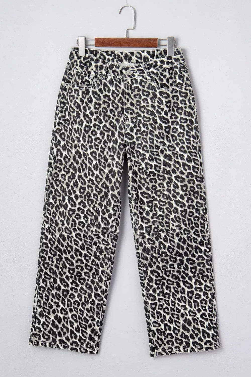 Denim leopard print cropped jeans with a wide leg fit.