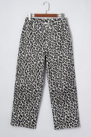 Denim leopard print cropped jeans with a wide leg fit.
