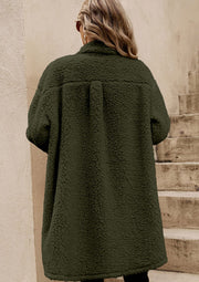 Army green sherpa coat with patch pockets and a relaxed fit.