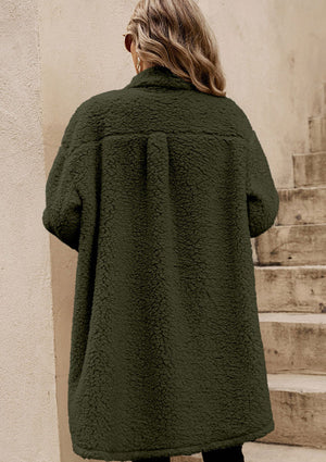 Army green sherpa coat with patch pockets and a relaxed fit.
