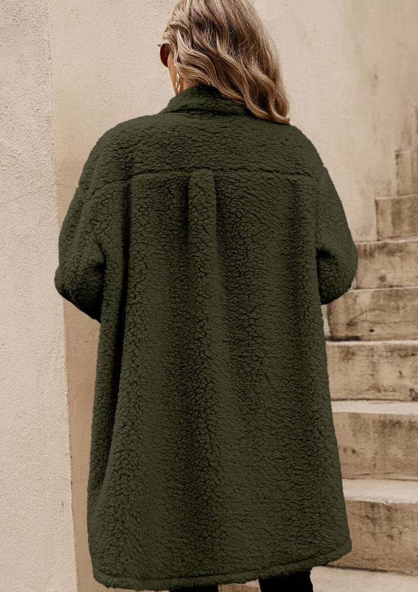 Army green sherpa coat with patch pockets and a relaxed fit.