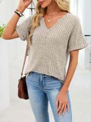 Ribbed knit short sleeve t-shirt in Khaki with V-neck and decorative buttons.