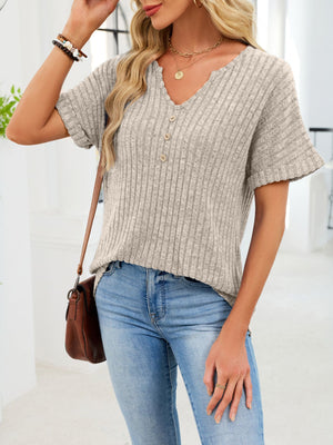 Ribbed knit short sleeve t-shirt in Khaki with V-neck and decorative buttons.