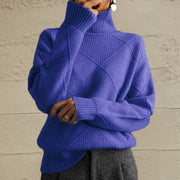 Deep Purple turtleneck sweater with diamond knit pattern and ribbed cuffs.